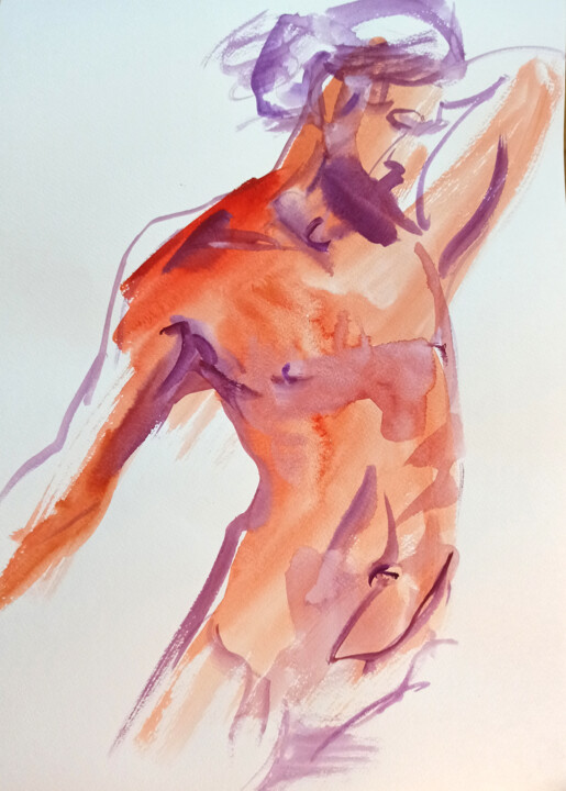 Dessin intitulée "Nude male athlete #3" par Irene Bibik-Chkolian, Œuvre d'art originale, Aquarelle