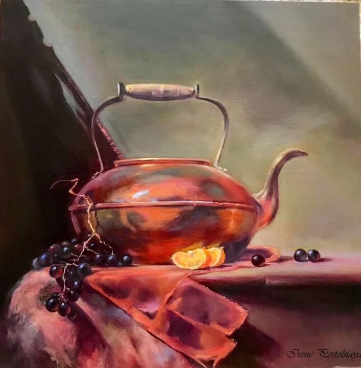 Painting titled "Grapes and tangerin…" by Irene Postolnaya, Original Artwork, Oil Mounted on Wood Stretcher frame