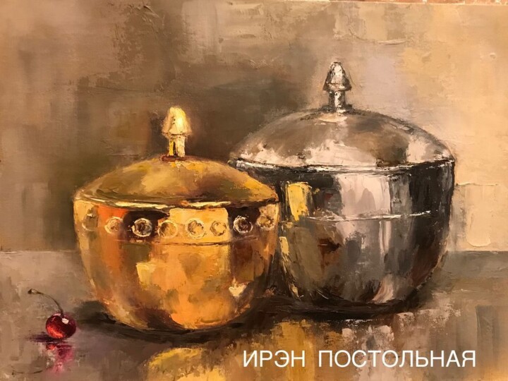 Painting titled "For some - saucepan…" by Irene Postolnaya, Original Artwork, Oil Mounted on Wood Stretcher frame