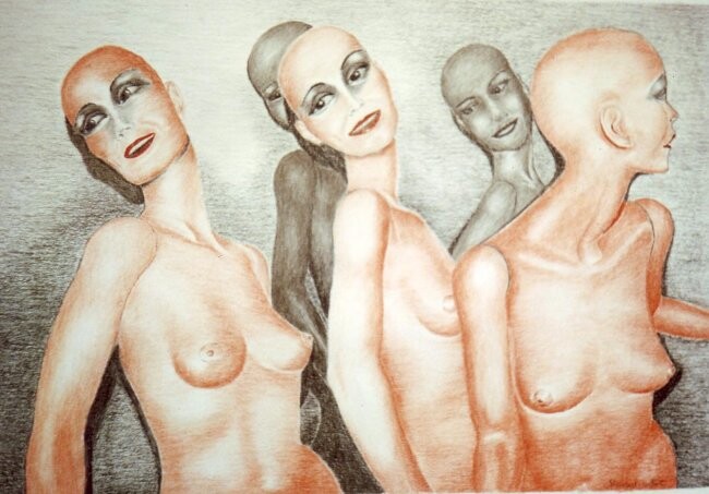 Tekening getiteld "les mannequins nus" door Irene Streichert, Origineel Kunstwerk