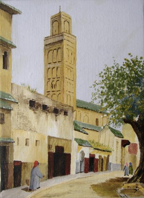 Peinture intitulée "Meknès : La Mosquée…" par Irene Streichert, Œuvre d'art originale, Huile