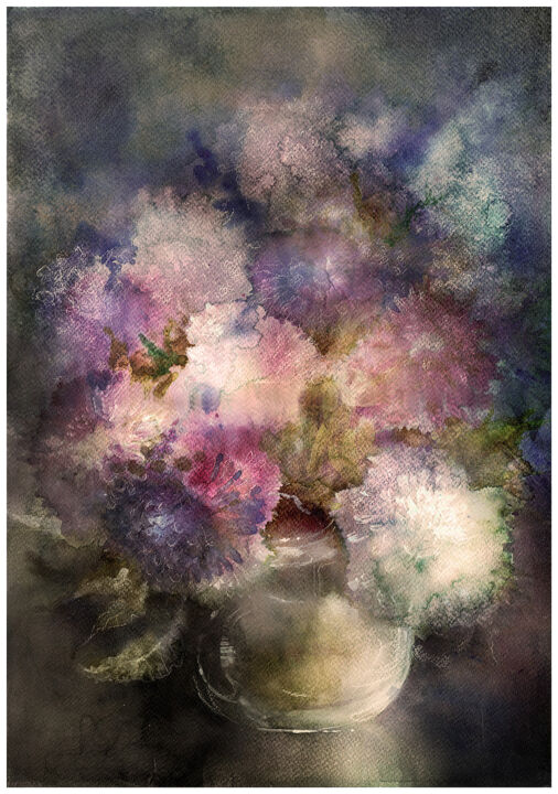 Painting titled "Asters" by Irene Vlassova, Original Artwork, Watercolor