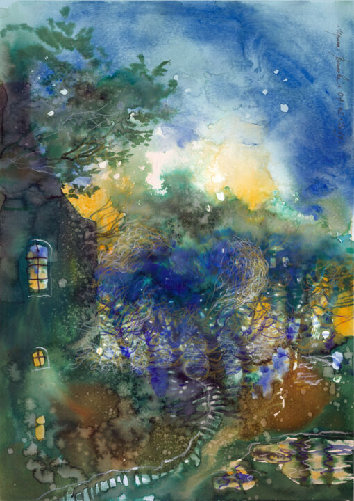 Malerei mit dem Titel "Evening in the gard…" von Irene Vlassova, Original-Kunstwerk, Aquarell