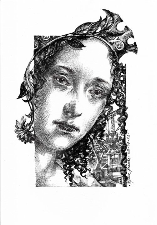 Drawing titled "Antwerpse Madonna_7" by Irene Vlassova, Original Artwork, Ink