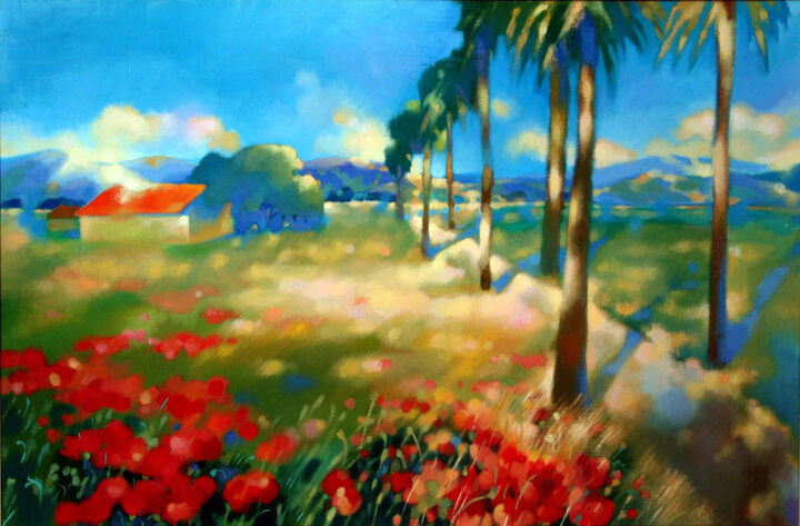 Painting titled "Field" by Irene Vlassova, Original Artwork, Tempera