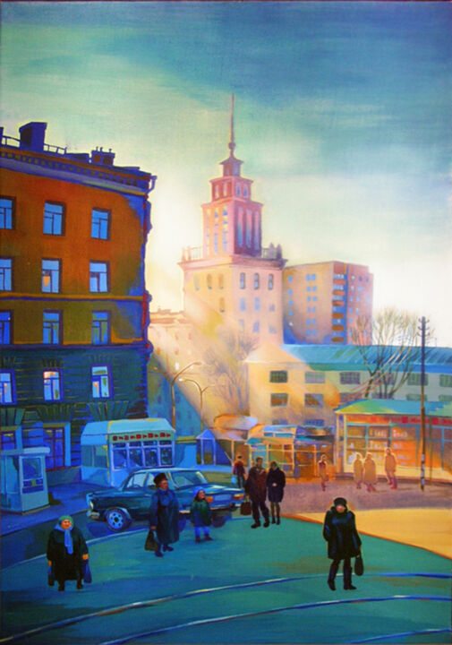 Painting titled "Tram stop" by Irene Vlassova, Original Artwork, Tempera