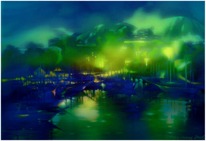 Malerei mit dem Titel "Harbour" von Irene Vlassova, Original-Kunstwerk, Tempera