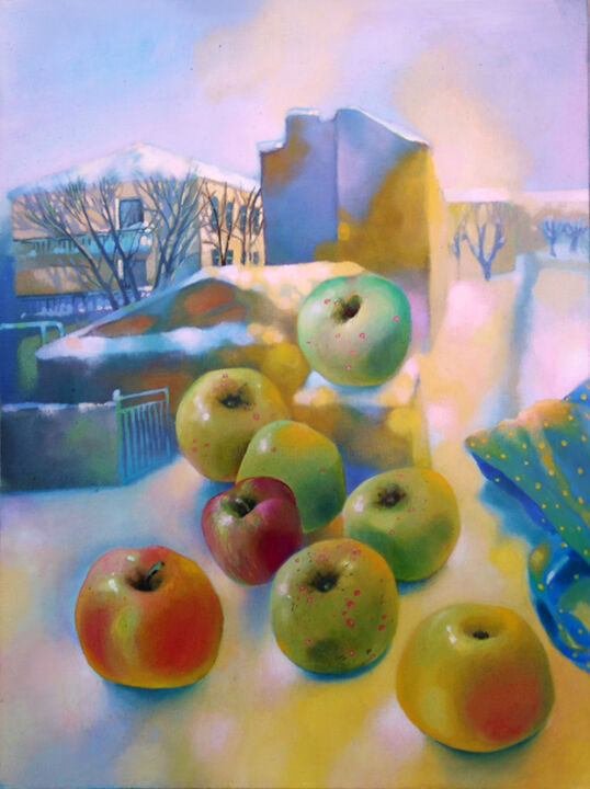 Painting titled "Winter Apples." by Irene Vlassova, Original Artwork, Tempera