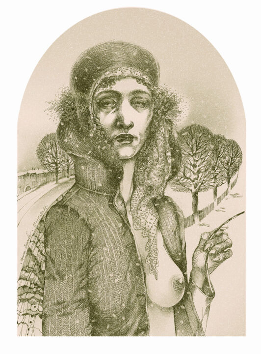 Drawing titled "Winter" by Irene Vlassova, Original Artwork, Ink