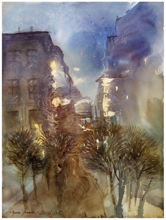 Painting titled "Night street in Ams…" by Irene Vlassova, Original Artwork, Watercolor