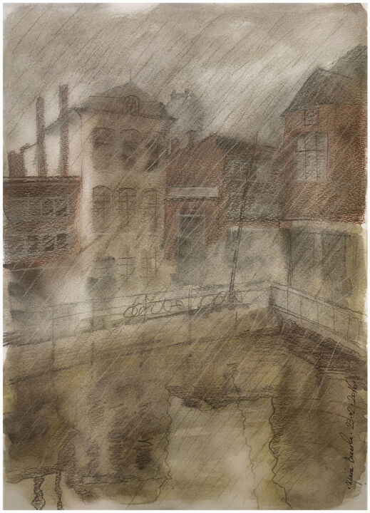 Desenho intitulada "Rain in Mechelen" por Irene Vlassova, Obras de arte originais, Lápis