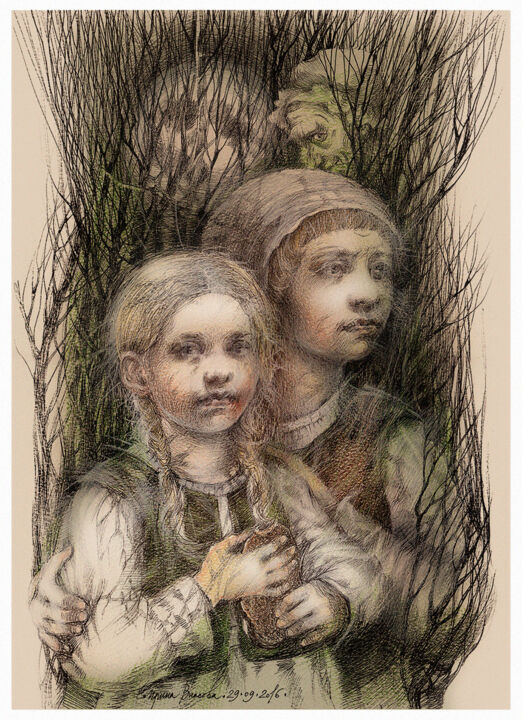 「Hänsel und Gretel」というタイトルの描画 Irene Vlassovaによって, オリジナルのアートワーク, インク