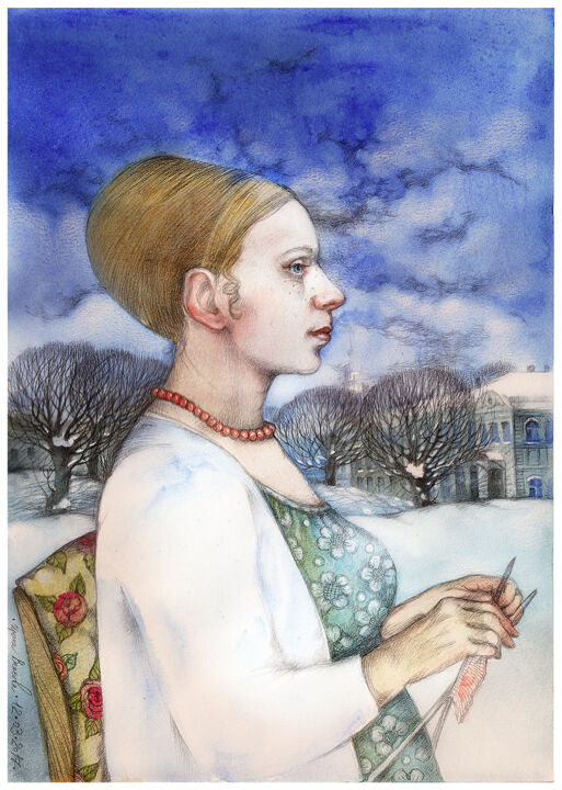 Peinture intitulée "Tanya's mom" par Irene Vlassova, Œuvre d'art originale, Aquarelle