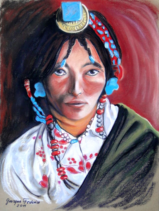 Painting titled "Die Frau aus Tibet" by Grazyna Federico, Original Artwork, Other