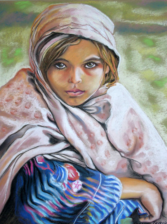 Painting titled "Das Mädchen aus Afg…" by Grazyna Federico, Original Artwork, Pastel