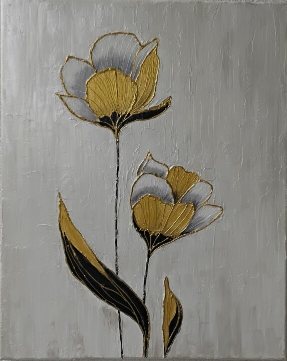 Schilderij getiteld "Blumen gold-schwarz" door Irene Mitawski, Origineel Kunstwerk, Acryl Gemonteerd op Frame voor houten br…
