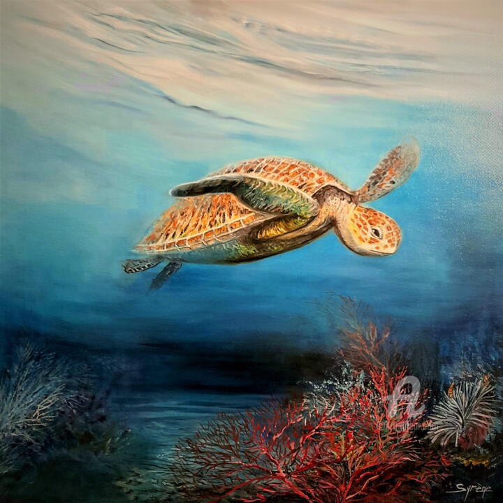 Painting titled "TORTUE ROUSSE" by Syrène, Original Artwork, Oil Mounted on Wood Stretcher frame