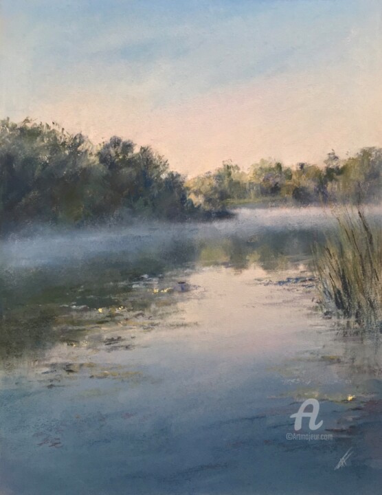 Dibujo titulada "Sunrise on the lake" por Irene_art, Obra de arte original, Pastel