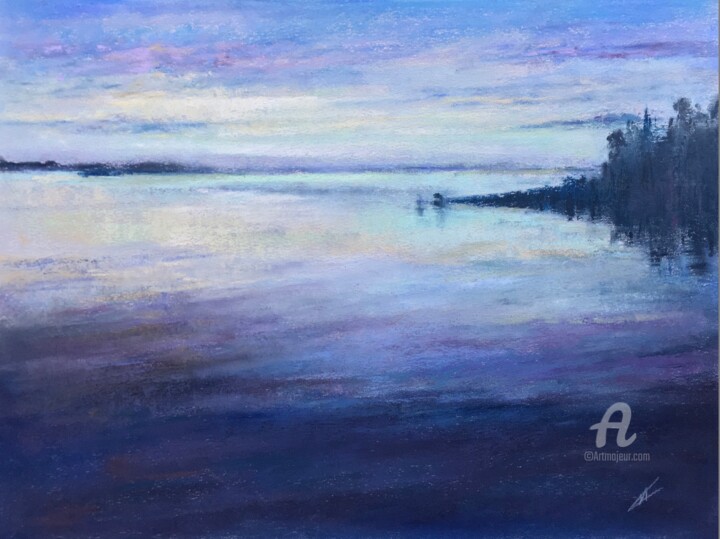 Drawing titled "Lake sunset" by Irene_art, Original Artwork, Pastel