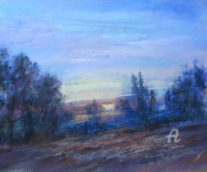 Pittura intitolato "Lilac sunset" da Irene_art, Opera d'arte originale, Pastello