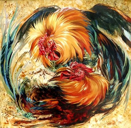 Картина под названием "Петушиные страсти" - Ольга Колесникова, Подлинное произведение искусства