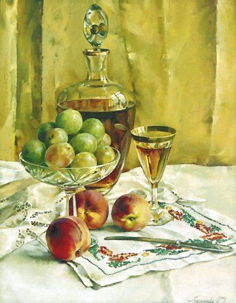 Картина под названием "Сливы и персики" - Ольга Колесникова, Подлинное произведение искусства