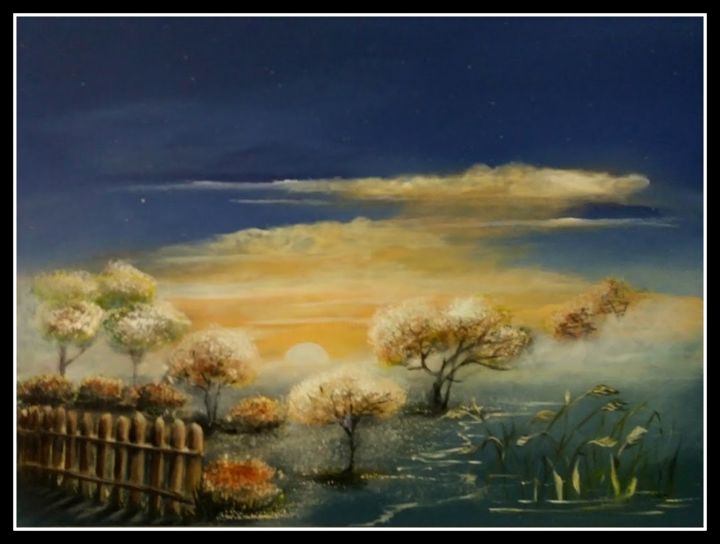 Картина под названием "Утро в деревне (ryt…" - Irina Juškauakienė, Подлинное произведение искусства, Акрил Установлен на Дер…