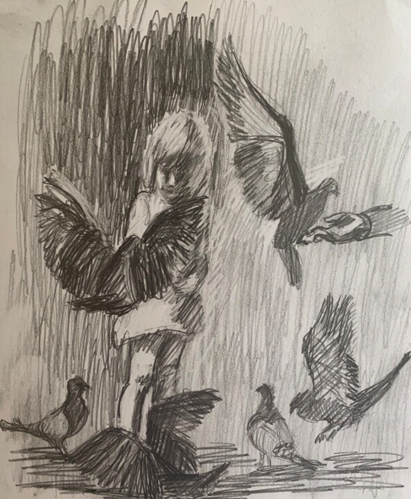 Dessin intitulée ""Girl and pigeons".…" par Irina Abramova, Œuvre d'art originale, Crayon