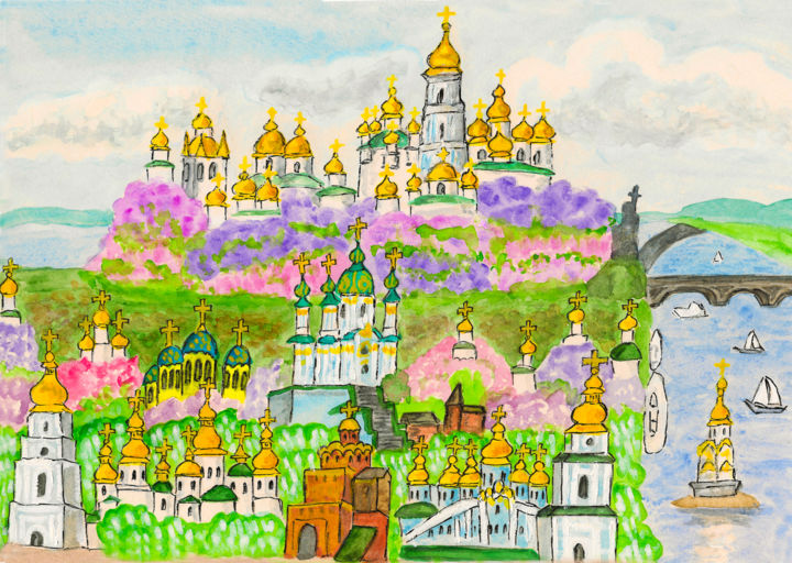 Painting titled "Kiev 1" by Irina Afonskaya, Original Artwork, Watercolor