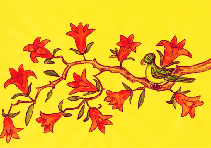 Peinture intitulée "Bird on branch with…" par Irina Afonskaya, Œuvre d'art originale, Aquarelle