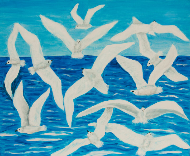 「White seagulls」というタイトルの絵画 Irina Afonskayaによって, オリジナルのアートワーク, アクリル ウッドストレッチャーフレームにマウント