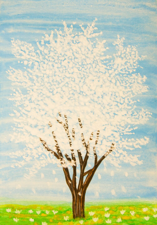 Painting titled "White tree on light…" by Irina Afonskaya, Original Artwork, Watercolor