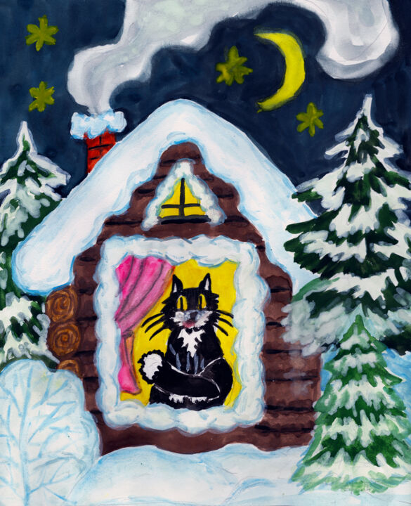 Картина под названием "Cat in house winter" - Irina Afonskaya, Подлинное произведение искусства, Гуашь