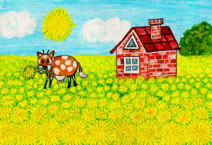 Painting titled "House with yellow d…" by Irina Afonskaya, Original Artwork, Acrylic