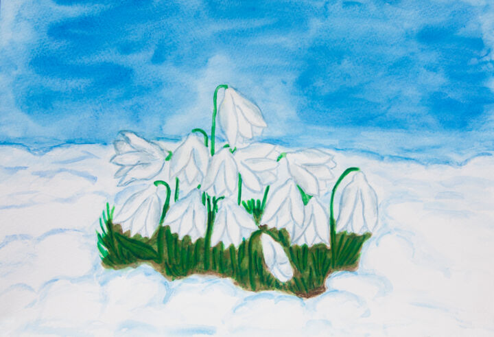 Peinture intitulée "Snowdrops in snow" par Irina Afonskaya, Œuvre d'art originale, Aquarelle