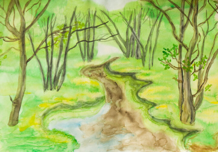 Картина под названием "River in forest" - Irina Afonskaya, Подлинное произведение искусства, Акварель
