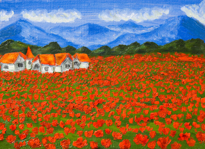 Painting titled "Meadow with red pop…" by Irina Afonskaya, Original Artwork, Oil Mounted on Cardboard