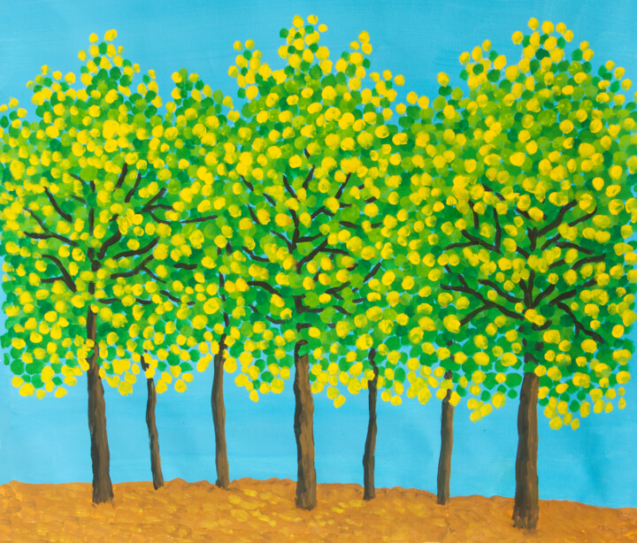Schilderij getiteld "Yellow-green trees…" door Irina Afonskaya, Origineel Kunstwerk, Acryl