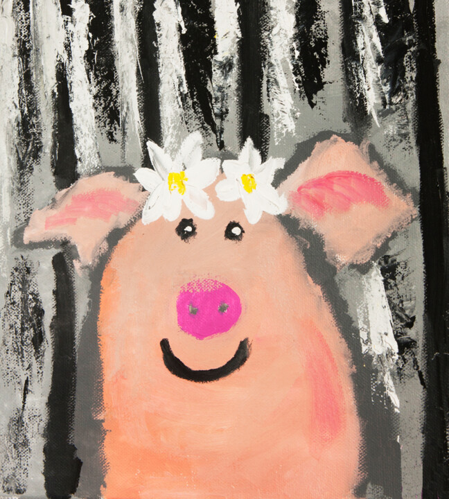 Painting titled "Funny pig with flow…" by Irina Afonskaya, Original Artwork, Gouache