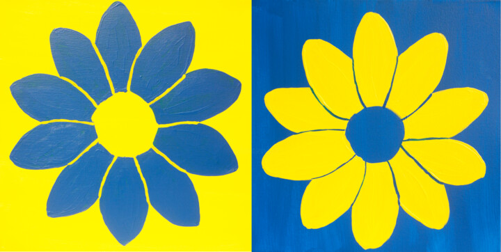 Painting titled "Two flowers in blue…" by Irina Afonskaya, Original Artwork, Acrylic Mounted on Wood Stretcher frame
