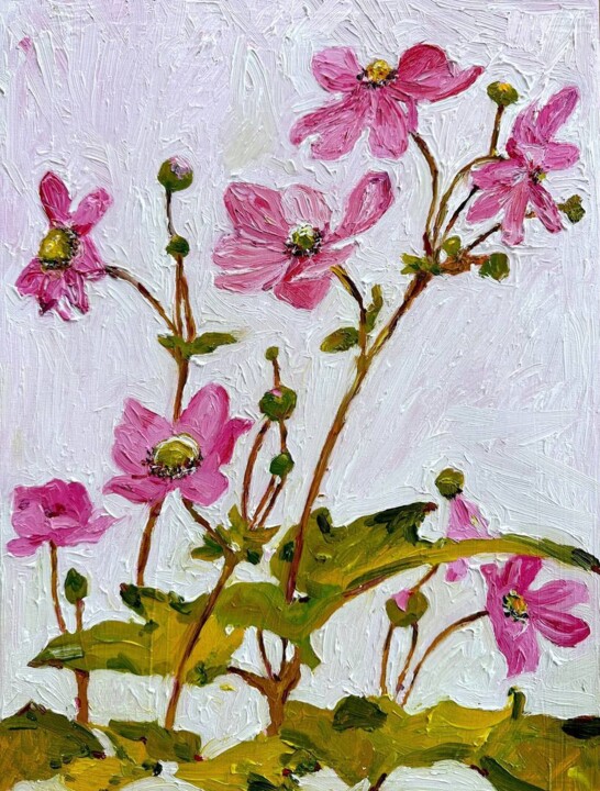 Peinture intitulée "Pink anemone flowers" par Irina Anis, Œuvre d'art originale, Huile