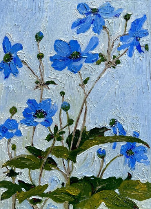Painting titled "Blue botanical anem…" by Irina Anis, Original Artwork, Oil