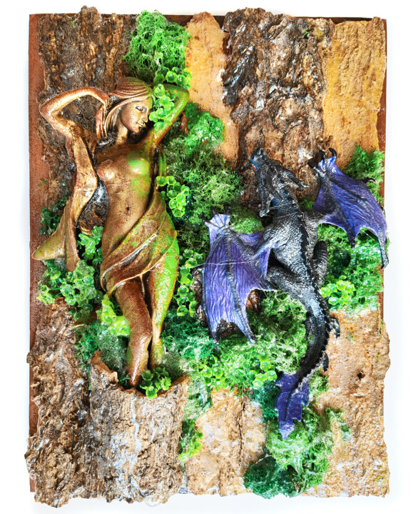 Sculpture titled "Dragon and woman. F…" by Irina Bast, Original Artwork, Wood Mounted on Wood Panel