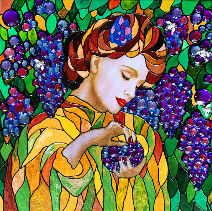Collages titled "Woman and grape - o…" by Irina Bast, Original Artwork, Mosaic Mounted on Wood Stretcher frame