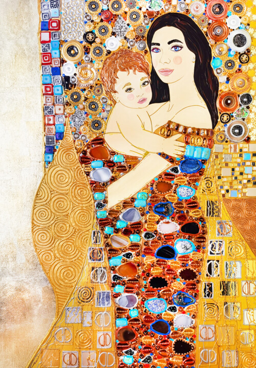 Schilderij getiteld "Mother and child (G…" door Irina Bast, Origineel Kunstwerk, Acryl Gemonteerd op Frame voor houten branc…
