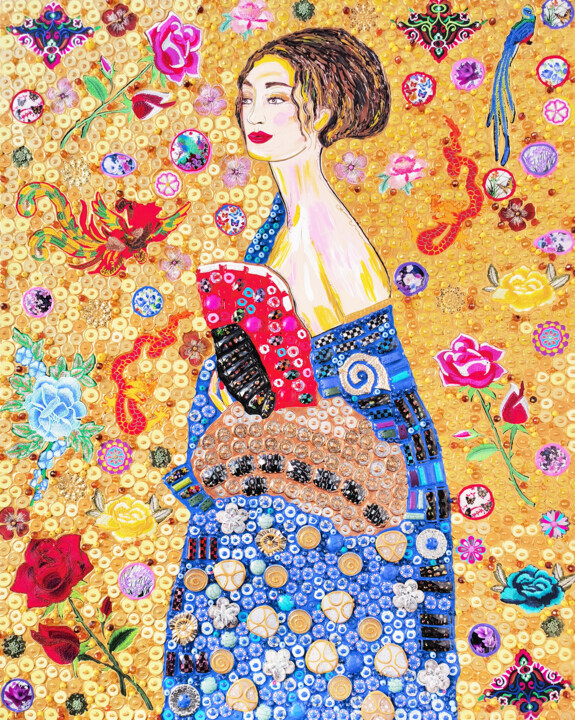 Painting titled "Gustav Klimt Lady w…" by Irina Bast, Original Artwork, Mosaic Mounted on Wood Stretcher frame