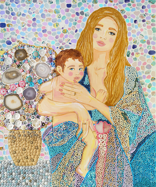 Painting titled "MOTHER AND CHILD /…" by Irina Bast, Original Artwork, Stone Mounted on Wood Stretcher frame