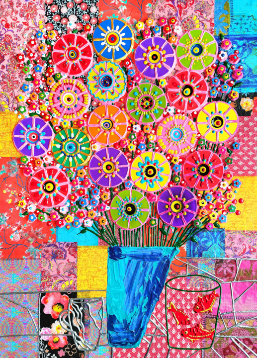 Collages getiteld "Flowers for Matisse…" door Irina Bast, Origineel Kunstwerk, Mozaïek Gemonteerd op Frame voor houten branc…