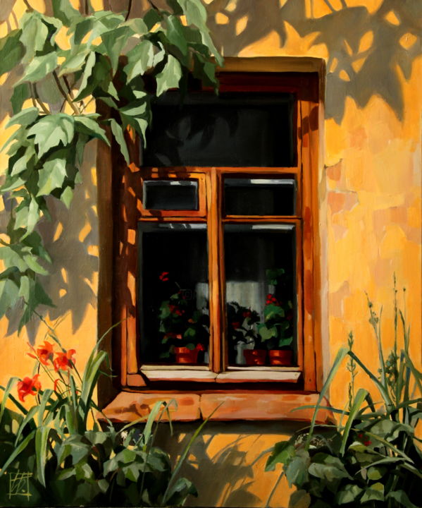 Painting titled "Герань на окне." by Irina Bogdanova, Original Artwork, Oil Mounted on Wood Stretcher frame