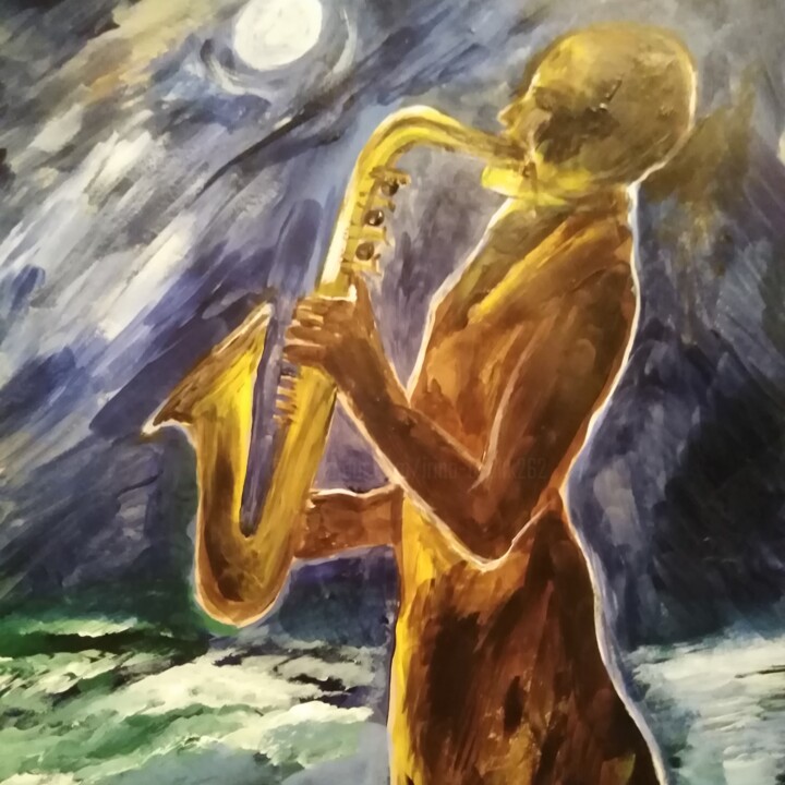 Картина под названием "Саксофон звучащий н…" - Irina Bublik, Подлинное произведение искусства, Акрил